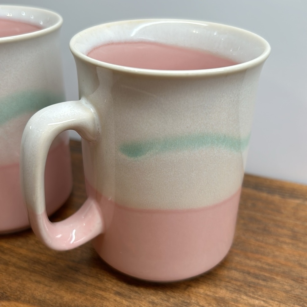 Vintage 80’s Stoneware Mugs Set Of Two Pink Mint Green & Cream In Colour - Picture 10 of 11